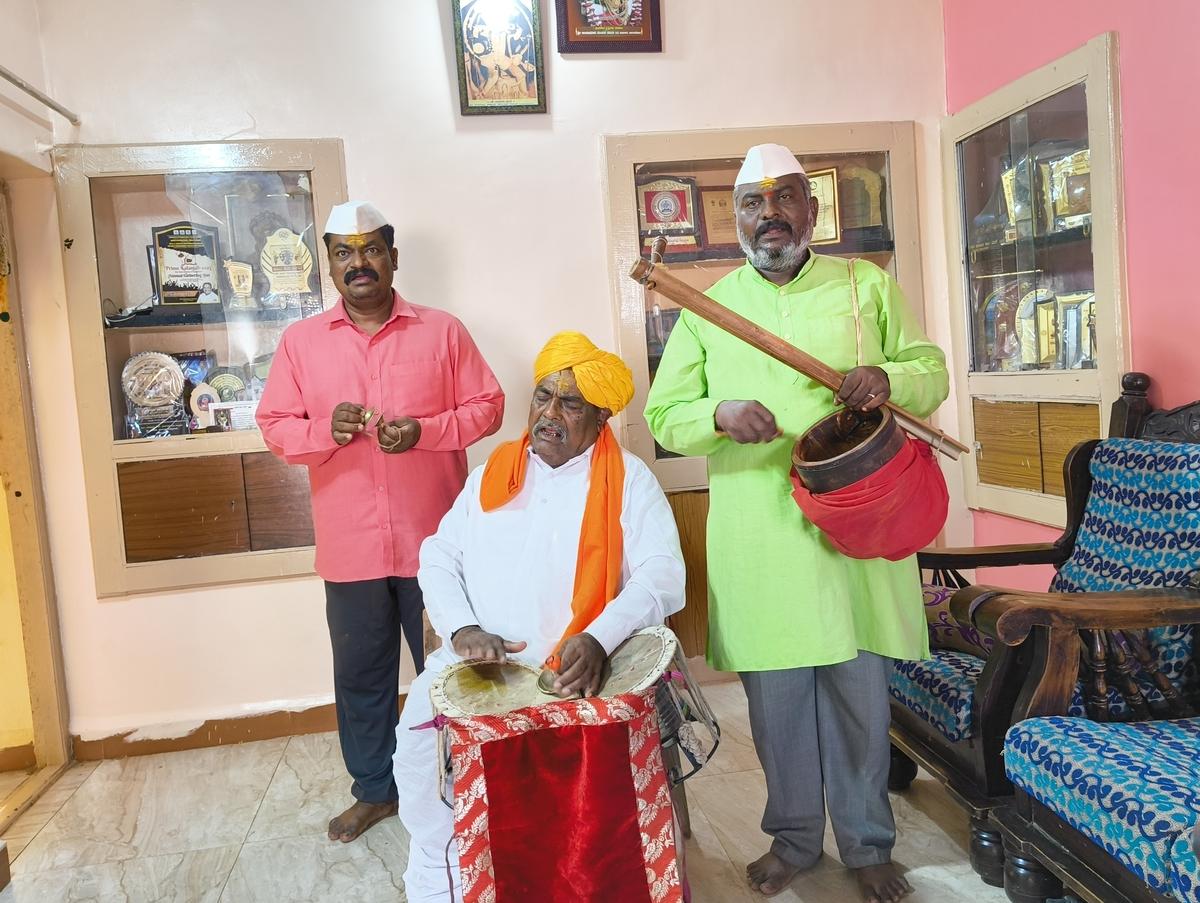 Venkappa Ambaji Sugatekar, sings during the Bharat Hunnime festival at his home in Bagalkot.