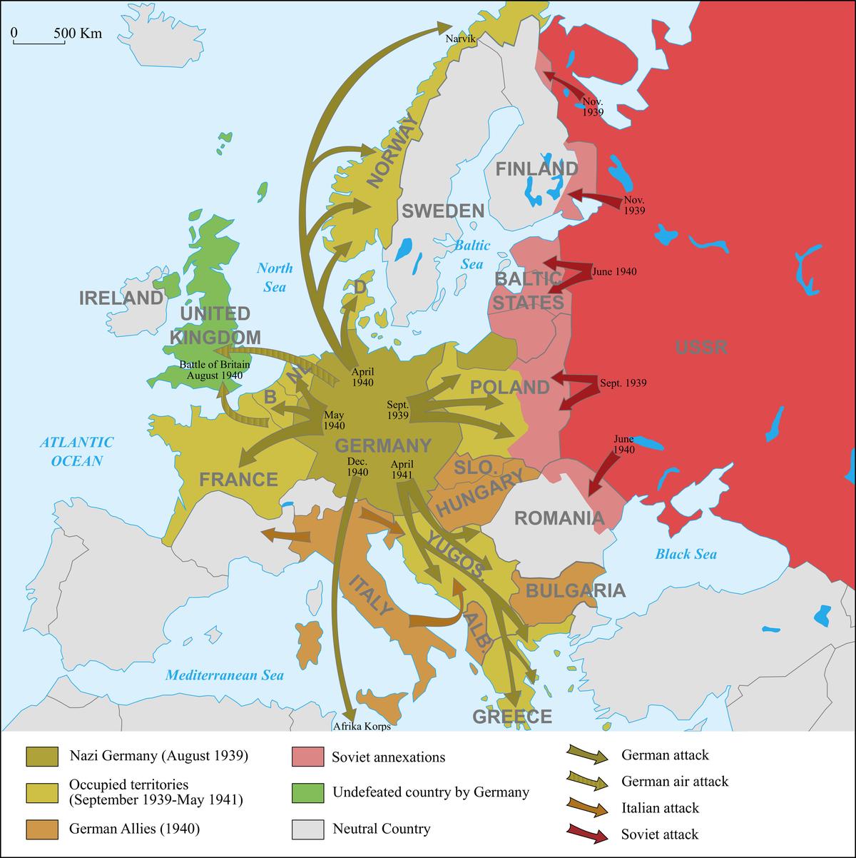 Map of military movements in Europe from 1939 to 1941