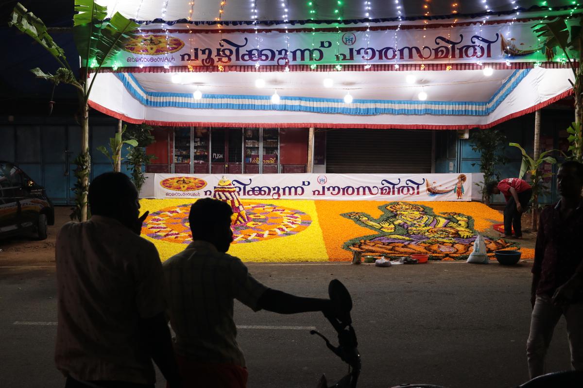Pookkalam making in progress at Poozhikkunnu in Thiruvananthapuram