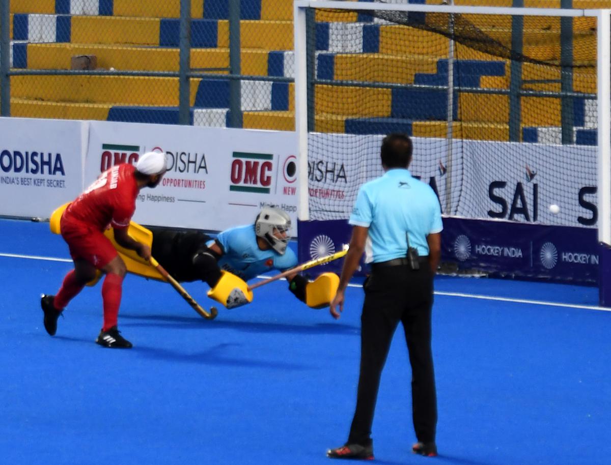 Punjab’s Simranjeet Singh scores during the penalty shoot out in the final of the 13th Hockey India senior men’s National Championship 2023 at the Mayor Radhakrishnan Stadium, in Chennai on Tuesday, November 28, 2023.