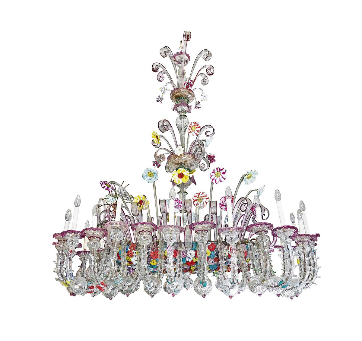 A magnificent Murano glass floral chandelier.
Size: 78 x 72 x 48 inches;
Medium: Glass;
Circa: Late 19th century;
Estimate: ₹60,00,000-₹80,00,000. A magnificent Murano glass floral chandelier.
Size: 78 x 72 x 48 inches;
Medium: Glass;
Circa: Late 19th century;
Estimate: ₹60,00,000-₹80,00,000.