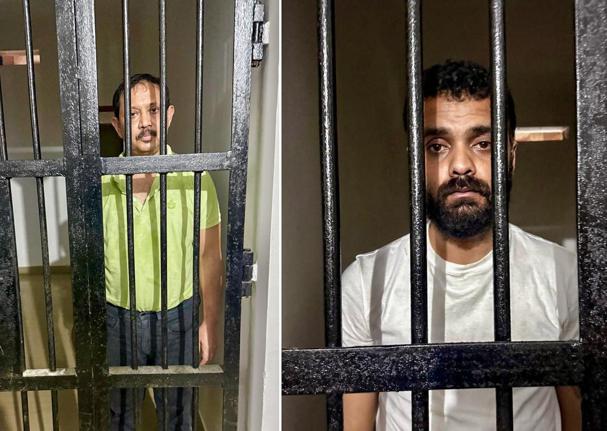 Zubeen’s manager Siddhartha Sharma (right) and Festival organiser Shyamkanu Mahanta (left), who was arrested by CID, from Delhi in connection with the singer’s death. File. Photo: ANI via CID