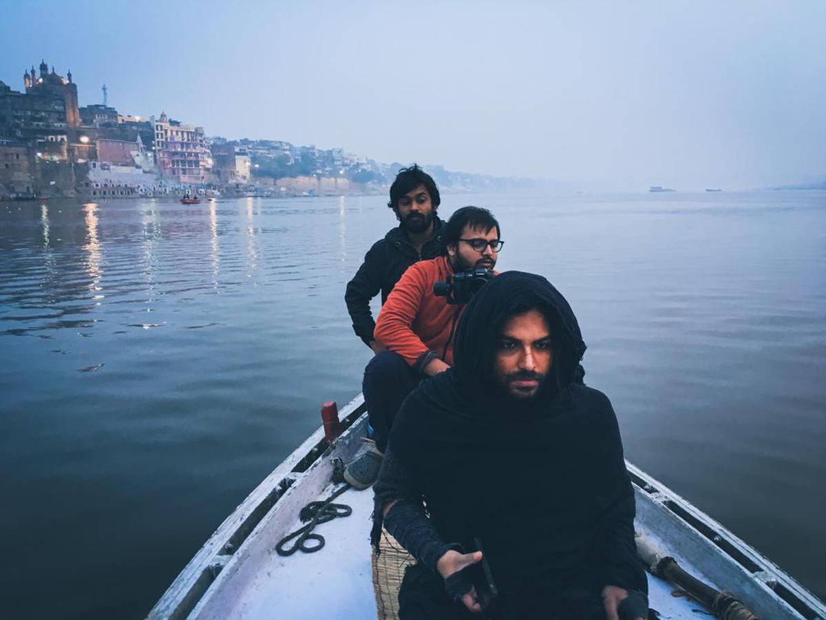 Vidyadhar Kagita, cinematographer Vishwanath Reddy and Vishwak Sen while filming 'Gaami' in Varanasi