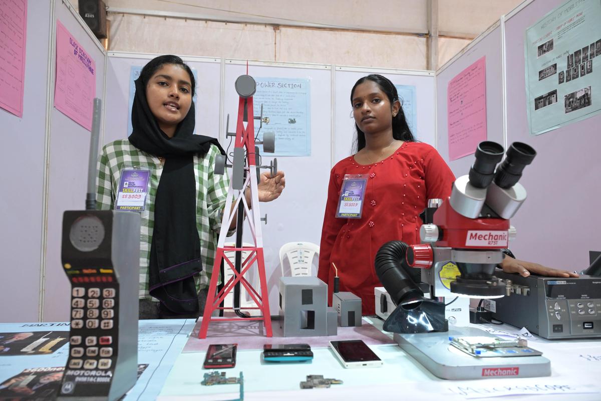 Students from GVHSS Alamcode, Attingal, explained the HDT system (handheld device related to mobile phones) in the Skill Serve category at Kottamaidan on Saturday. 