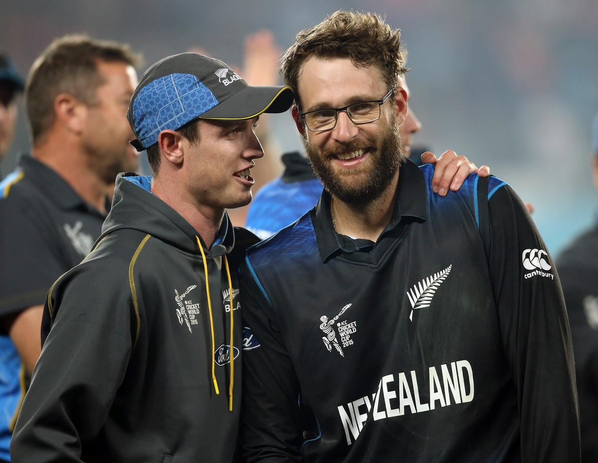New Zealand players celebrate their victory after the semifinal Cricket World Cup match against South Africa at Eden Park in Auckland on March 24, 2015. 
