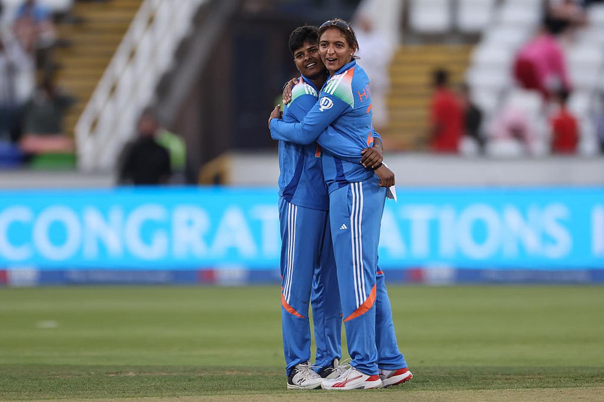 India captain Harmanpreet Kaur (right) with Kranti Goud after their win in the Metro Bank One Day Series between England and India, July 2025.