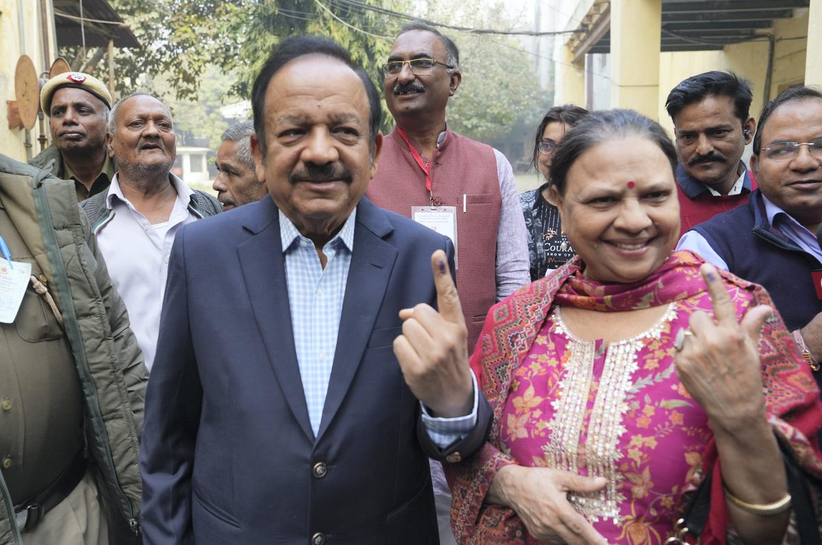 BJP MP Harsh Vardhan shows his finger marked with indelible ink after casting his vote for the MCD elections at a polling station in Krishna Nagar area on December 4, 2022.