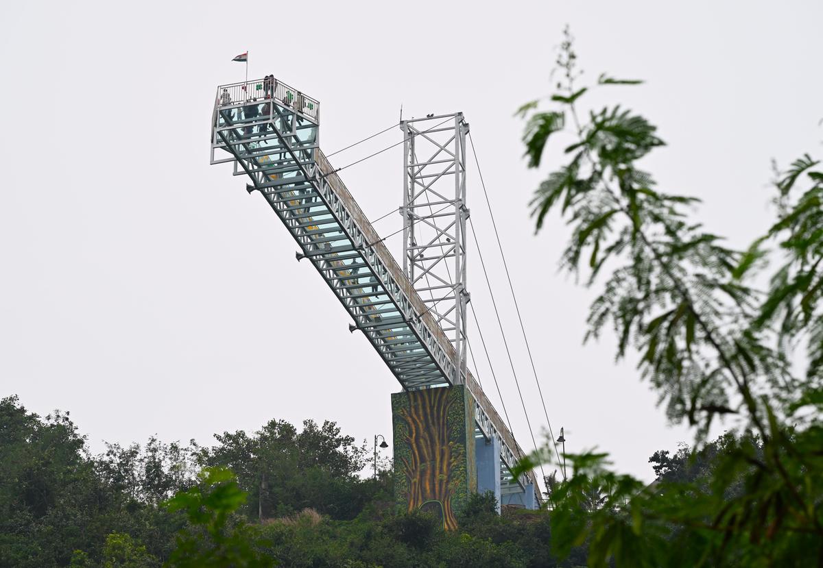A view of the glass bridge from below. 