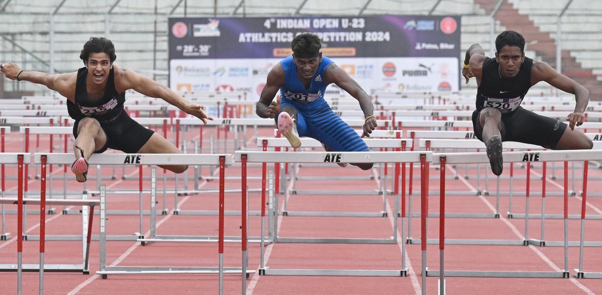 Graceson Jeeva, Rathish and  Shubham Singh Rawat who won gold, silver and bronze in the 110m Hurdles in the 4th National Open U-23 Athletics Championships at Patna on September 29, 2024. 