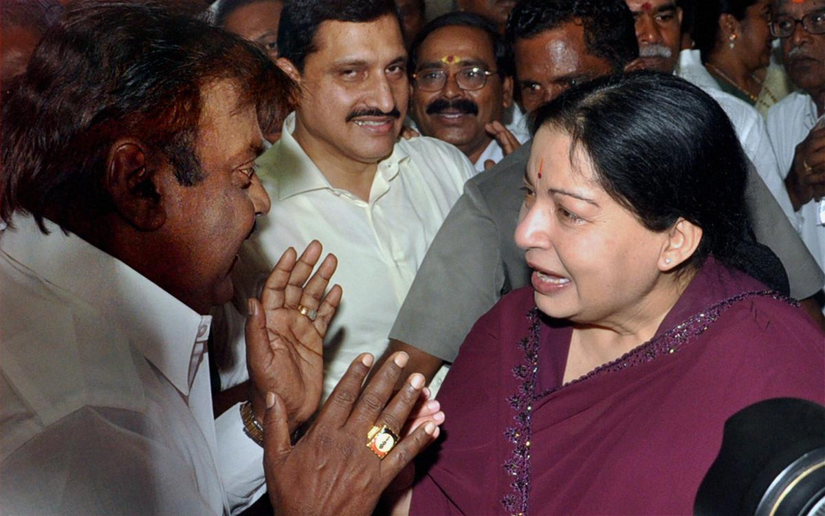 Tamil Nadu Chief Minister and AIADMK supremo J. Jayalalithaa interacts with DMDK president Vijayakant in Chennai on May 16, 2011 Tamil Nadu Chief Minister and AIADMK supremo J. Jayalalithaa interacts with DMDK president Vijayakant in Chennai on May 16, 2011