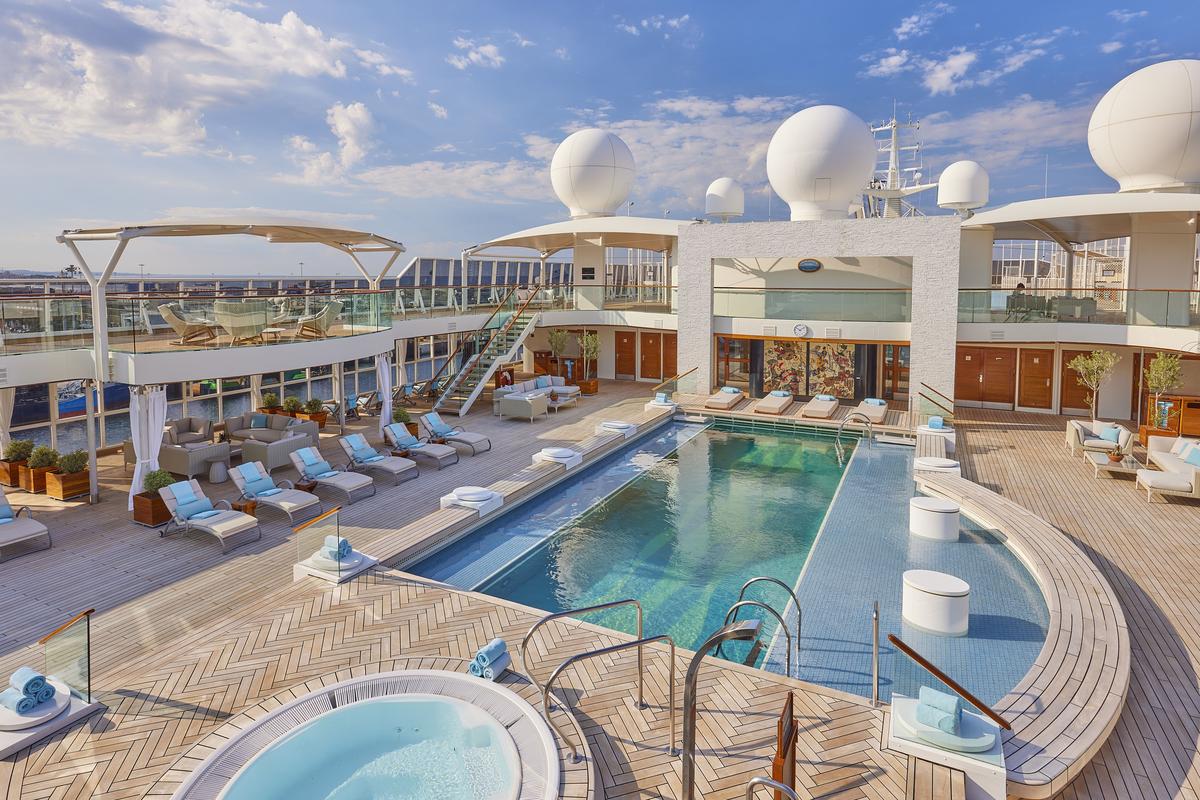 A view of the pool area on board The World, the luxury residential ship.