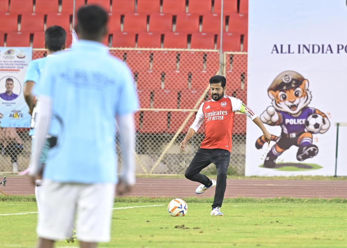 Telangana Chief Minister A. Revanth Reddy plays football at the 74th B. N. Mullick Memorial All India Police Football Championship - 2026 at Gachibowli Stadium in Hyderabad on Sunday.