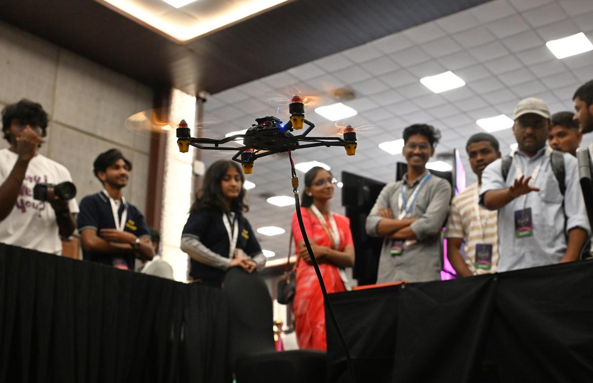 Visitors explore a sensor-based drone handling experiment during GAFX 2026 at Lalit Ashok in Bengaluru on February 27, 2026.