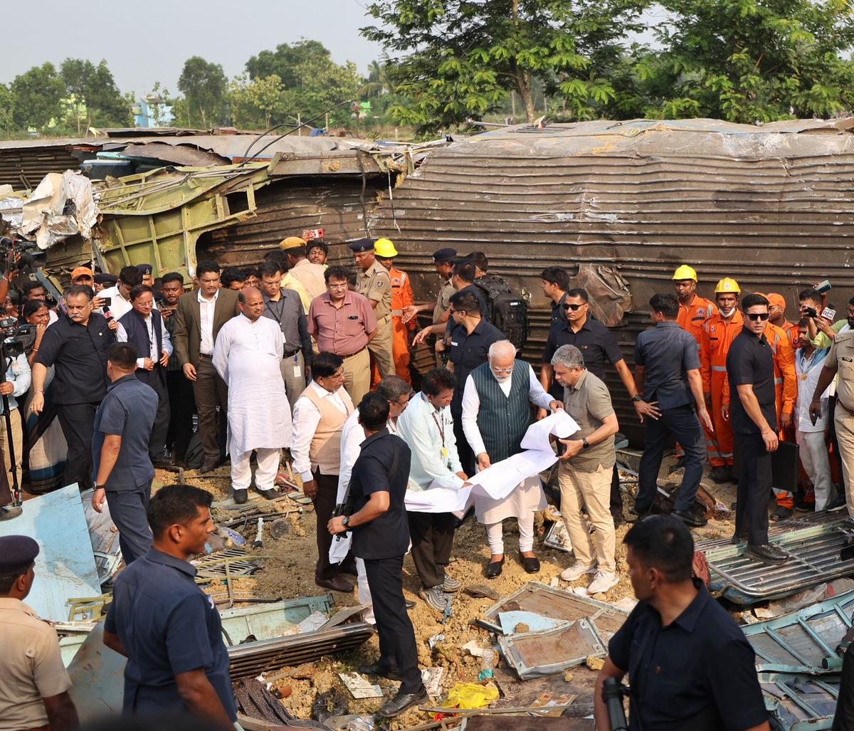 Prime Minister Narendra Modi inspects the triple train accident site at Bahanaga in Odisha’s Balasore district to take stock of relief and restoration operations on June 3, 2023. 