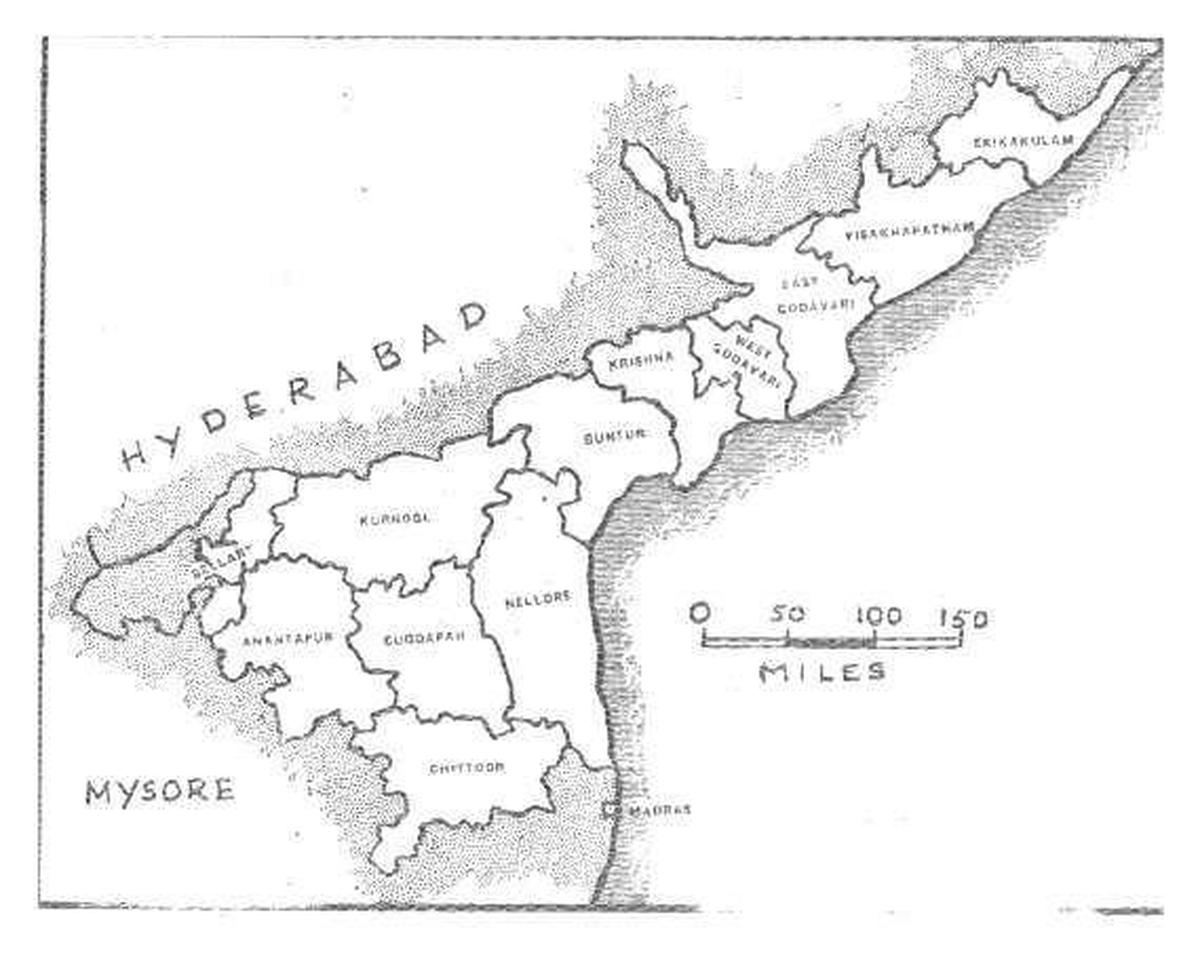 The map of Andhra State consisting of 11 Telugu-speaking districts and three taluks of Bellary district