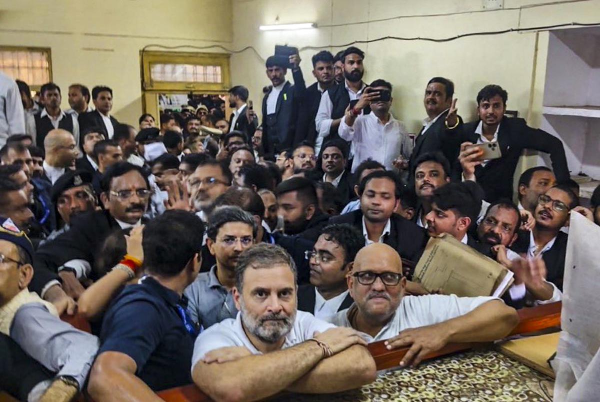 Congress leader Rahul Gandhi with Uttar Pradesh party President Ajay Rai at the special MP/MLA court for a hearing in a defamation case filed over the former’s purported remarks on Army personnel. Photo: X/@SupriyaShrinate via PTI