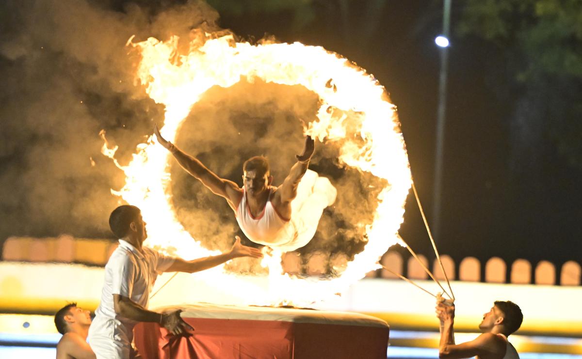 Agniveers demonstrate combat readiness and physical training during a spectacle at the Makhan Singh Athletics Stadium in the Artillery Centre in Hyderabad on Tuesday.