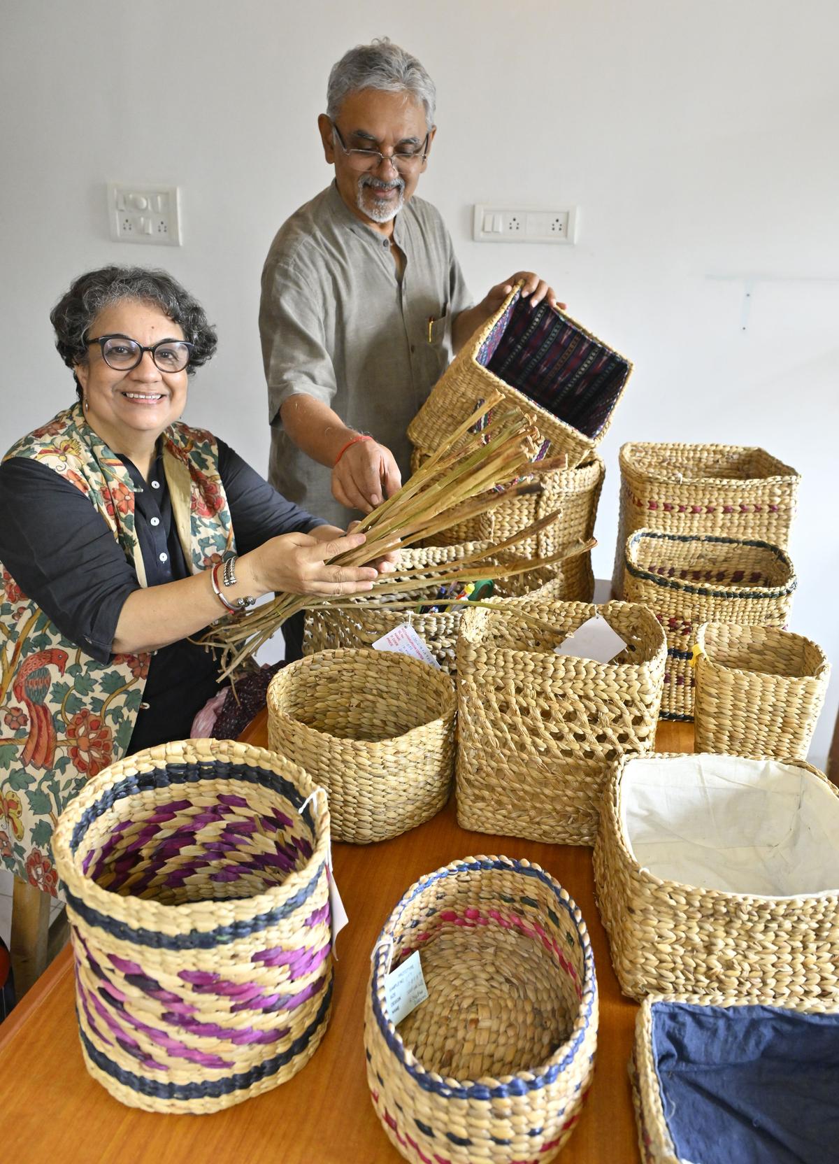 Keshav and Bina Rao show prototypes of lifestyle accessories made with water hyacinth fibres