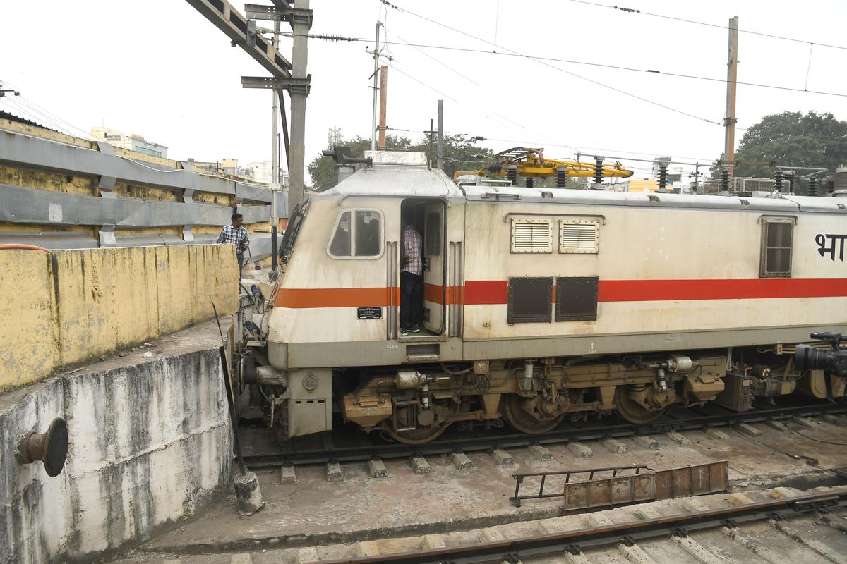 The engine that crashed into the barrier at Hyderabad railway station on Wednesday. 
