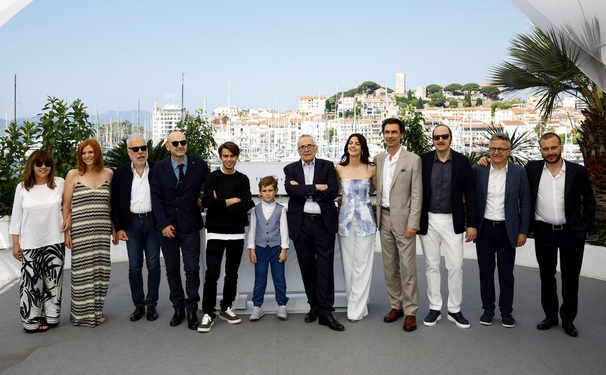 Photocall for the film “Rapito” (Kidnapped - L’enlevement) in competition - Cannes; Director Marco Bellocchio, cast members Paolo Pierobon, Fausto Russo Alesi, Barbara Ronchi, Fabrizio Gifuni, Enea Sala, Leonardo Maltese, co-screenwriter Susanna Nicchiarelli, producers Giuseppe Caschetto, Paolo Del Brocco, and Simone Gattoni pose