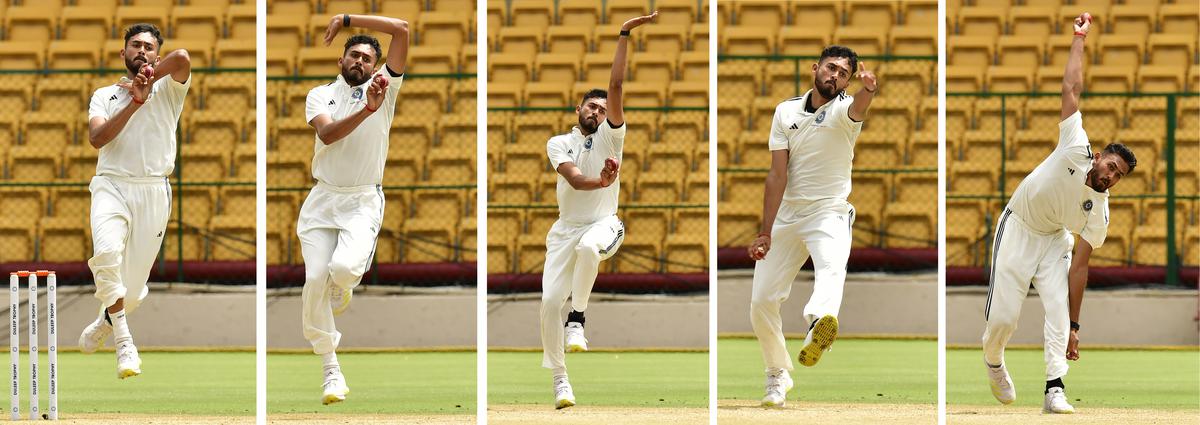 A captain’s dream: Kaverappa can bowl on off-stump or just outside off all day, while keeping the perfect length. As a result, the slip cordon can remain packed, improving the side’s wicket-taking chances. | Photo credit: Murali Kumar K