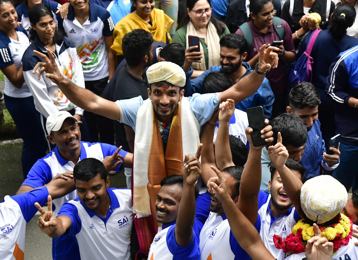CWG 2022 triple jump silver medallist Abdulla Aboobacker, during a welcome ceremony at the SAI (Sports Authority of India), South Centre, in Bengaluru on August 09, 2022.
