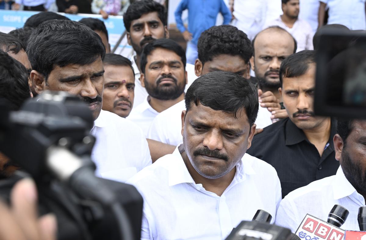 Congress MLC Teenmar Mallanna (Chintapandu Naveen Kumar) whose office was vandalised allegedly over remarks on BRS MLC Kavitha, at Boduppal in Hyderabad on Sunday. Congress MLC Teenmar Mallanna (Chintapandu Naveen Kumar) whose office was vandalised allegedly over remarks on BRS MLC Kavitha, at Boduppal in Hyderabad on Sunday.