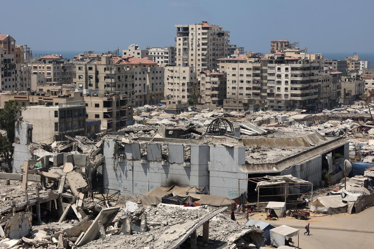 A general view shows the destroyed Rashad al-Shawa cultural center in Gaza City on August 18, 2025. A general view shows the destroyed Rashad al-Shawa cultural center in Gaza City on August 18, 2025.