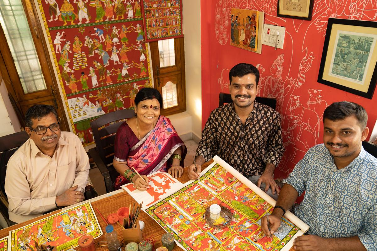  Vaikuntam (left) with his family who also do Cheriyal art; wife Vanaja and sons Rakesh and Vinay