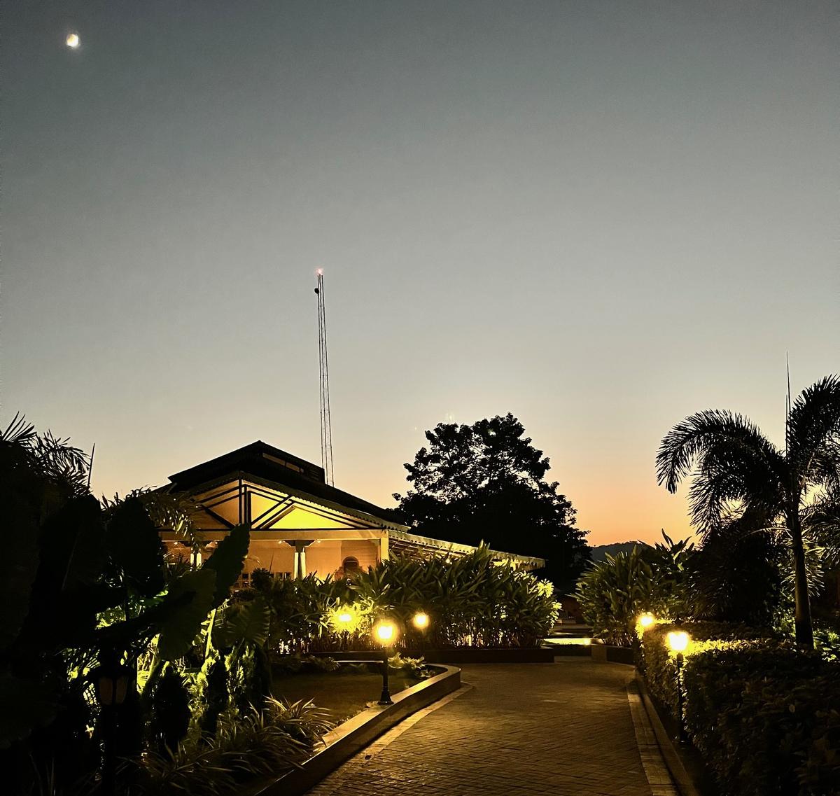 The view of the property at night