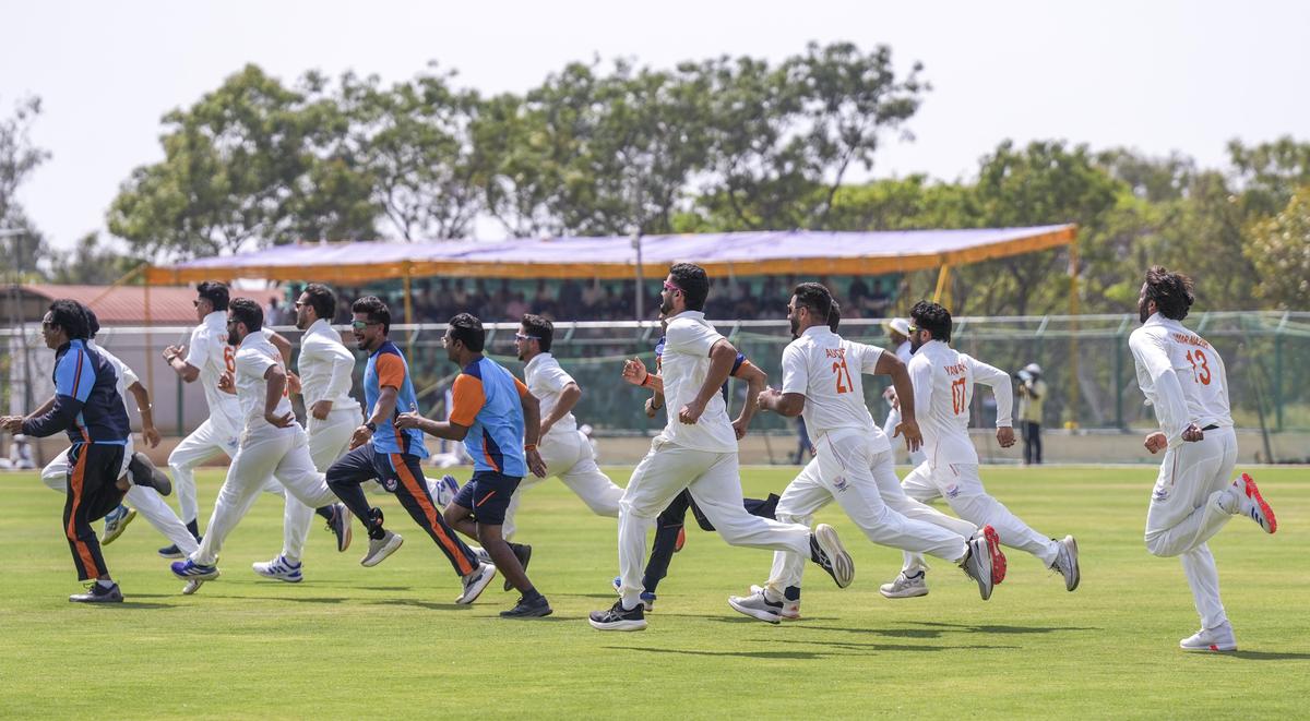 Jammu and Kashmir's players celebrate the team's victory in the Ranji Trophy 2025-26 final cricket match against Karnataka, at KSCA Stadium, in Hubballi, Karnataka, on February 28, 2026