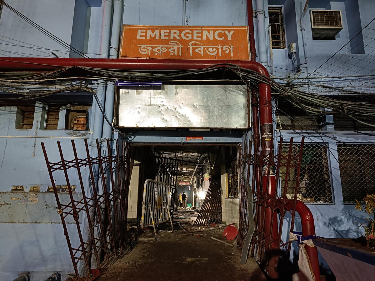 The gate of the emergency building of the R.G. Kar Medical College and Hospital, which was forced open by the mob.