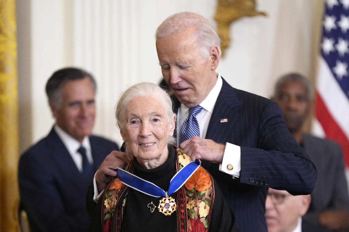 President Joe Biden presents the Presidential Medal of Freedom to Jane Goodall in the East Room of the White House on January 4, 2025. 