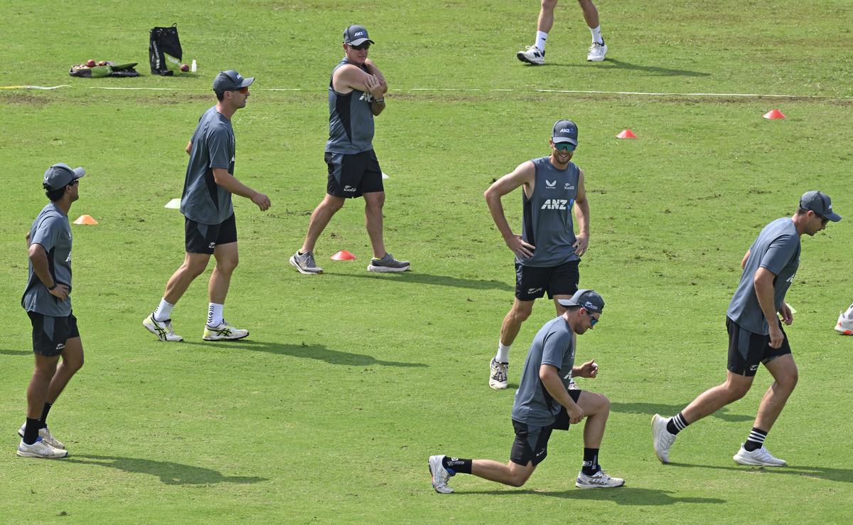 New Zealand cricketers during a practice session ahead of India vs New Zealand Test match.