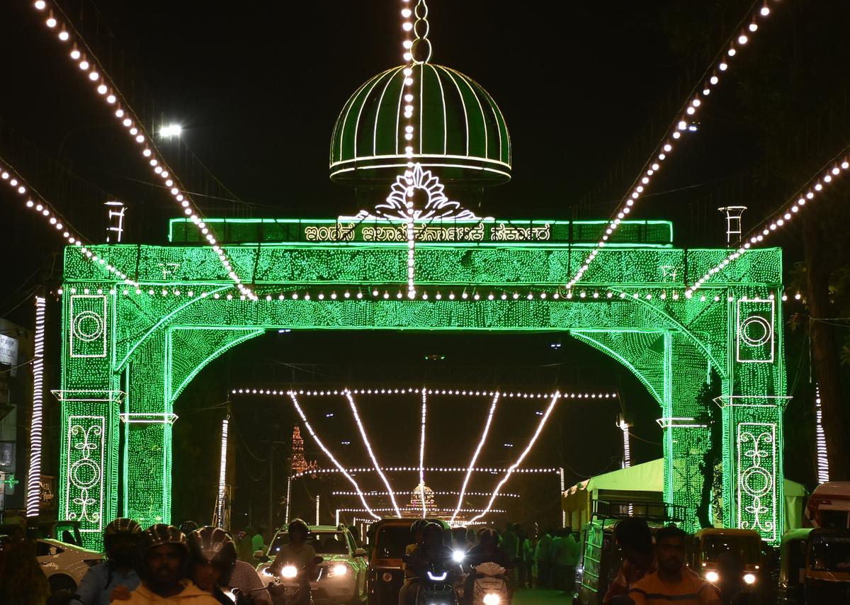 A view of the illuminated Sayyaji Rao Road in Mysuru in 2024.  