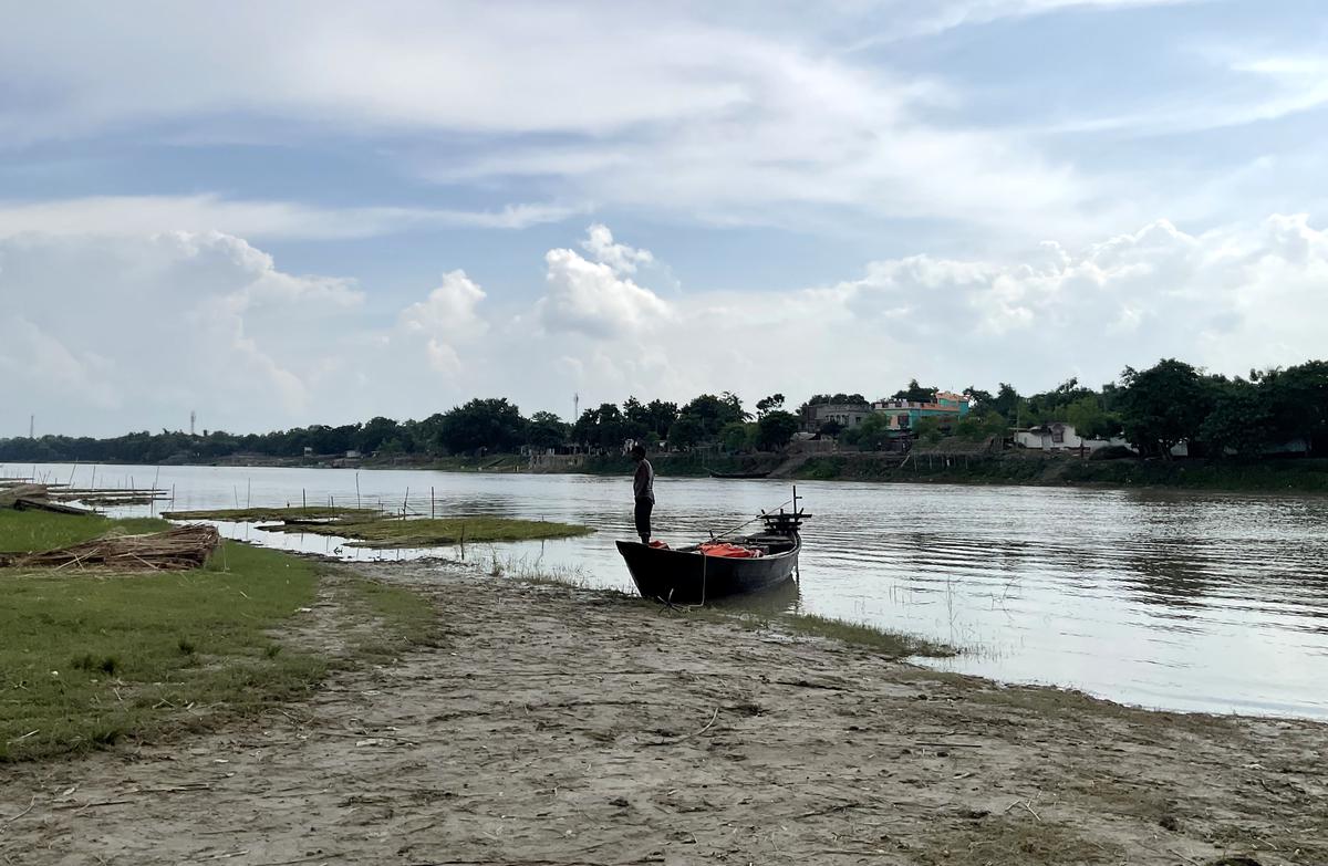 A boat used to cross the char along the Charbhadra border outpost to reach the farmlands. 