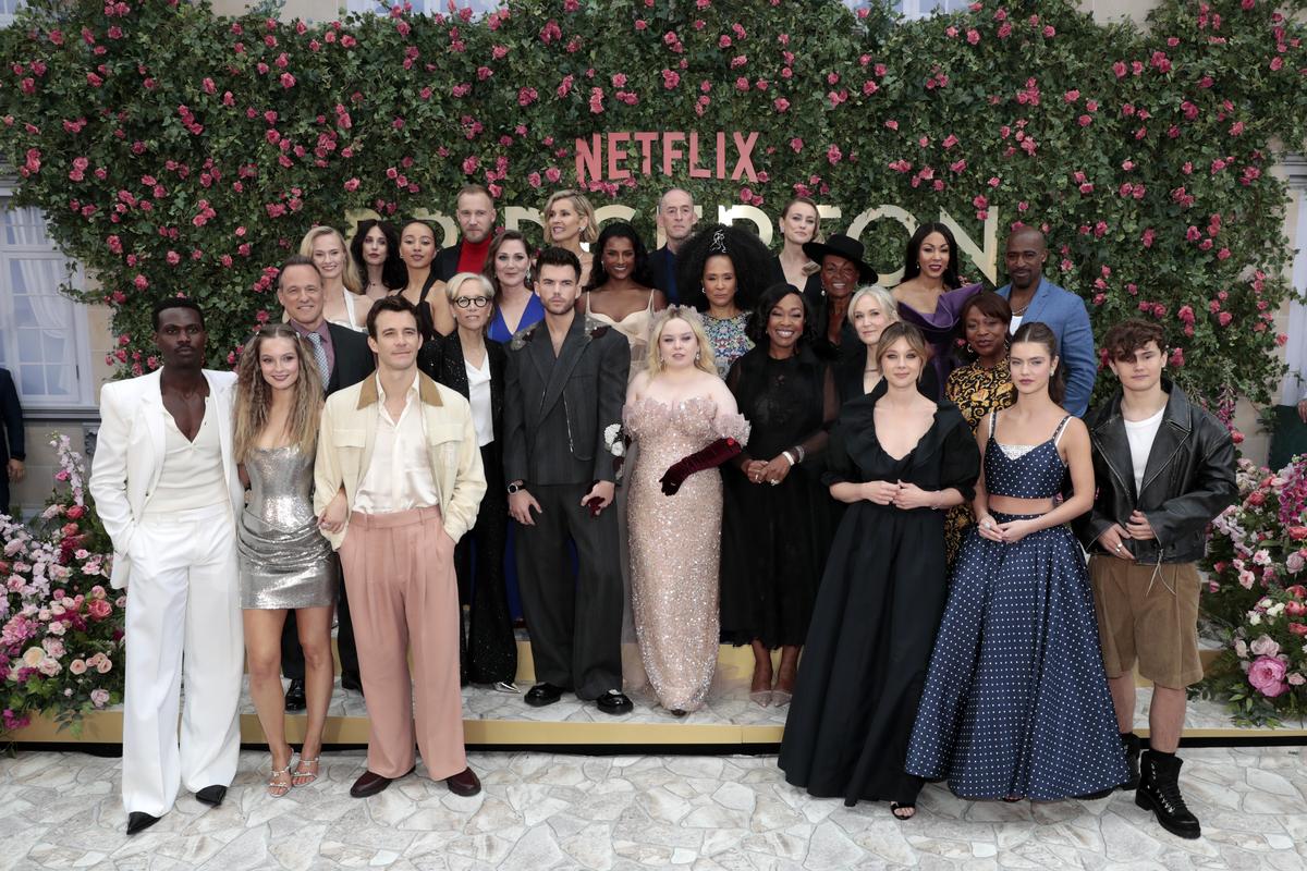 (L-R) Victor Alli, Hannah Dodd, Tom Verica, Jessica Madsen, Harriet Cains, Emma Naomi, Ruth Gemmell, Luke Thompson, Betsy Beers, Sam Phillips, Luke Newton, Joanna Bobin, Simone Ashley, Dominic Coleman, Nicola Coughlan, Golda Rosheuvel, Shonda Rhimes, Hannah New, Adjoa Andoh, Jess Brownell, Claudia Jessie, Kathryn Drysdale, Nne Ebong, Daniel Francis and Florence Hunt attend the special screening of “Bridgerton” Season 3 - Part Two at Odeon Luxe Leicester Square on June 12, 2024 in London, England.