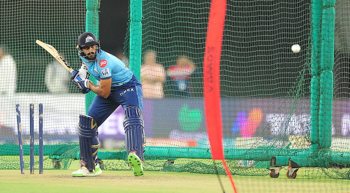 Gujarat titans batter Vijay Shankar having a hit at the nets.