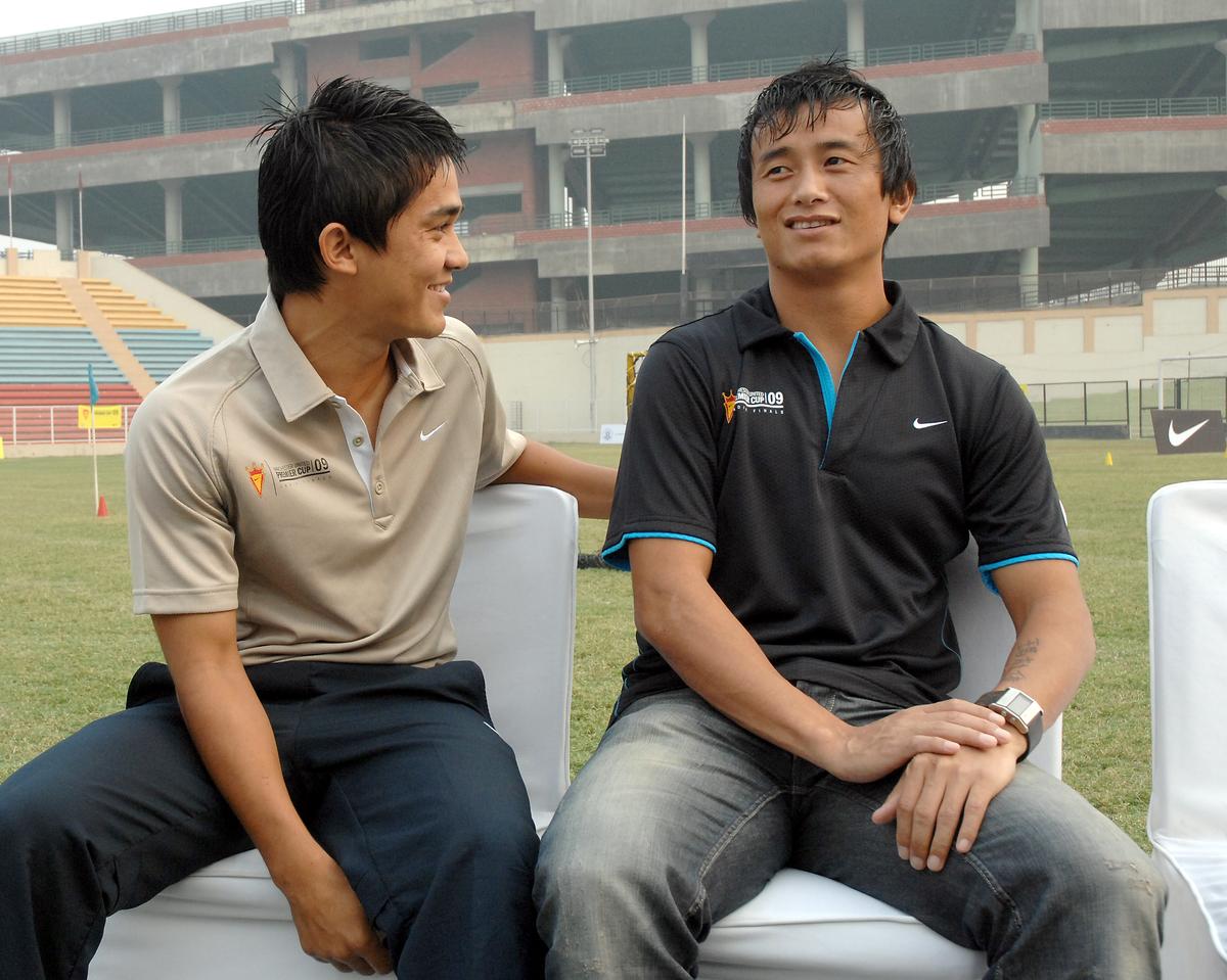 File picture of Sunil Chhetri with former national team captain Bhaichung Bhutia in 2008