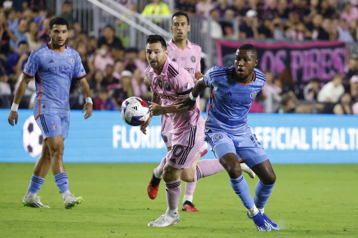 Inter Miami’s Lionel Messi in action with New York City Football Club’s Andres Perea