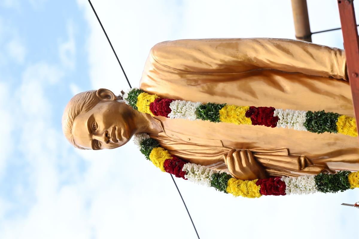 The statue of freedom fighter and trade union leader NG Ramasamy seen at Singanallur in Coimbatore. 