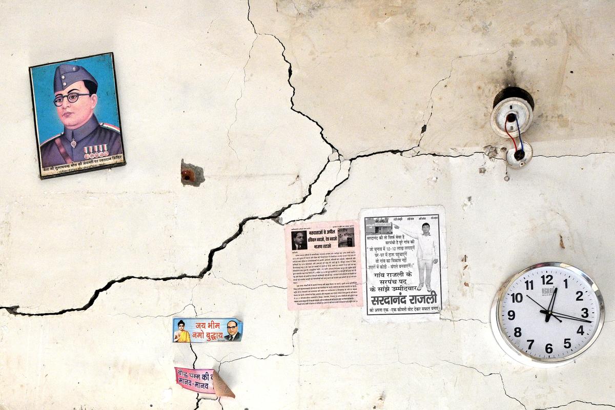 Cracks in the walls of a house affected by the floods at Rajli village in Hisar, Haryana.