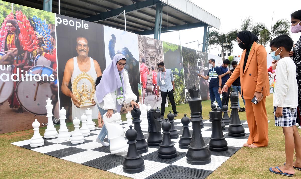 Visitors playing Chess at the venue of the 44th Chess Olympiad being held at Mamallapuram on August 2, 2022