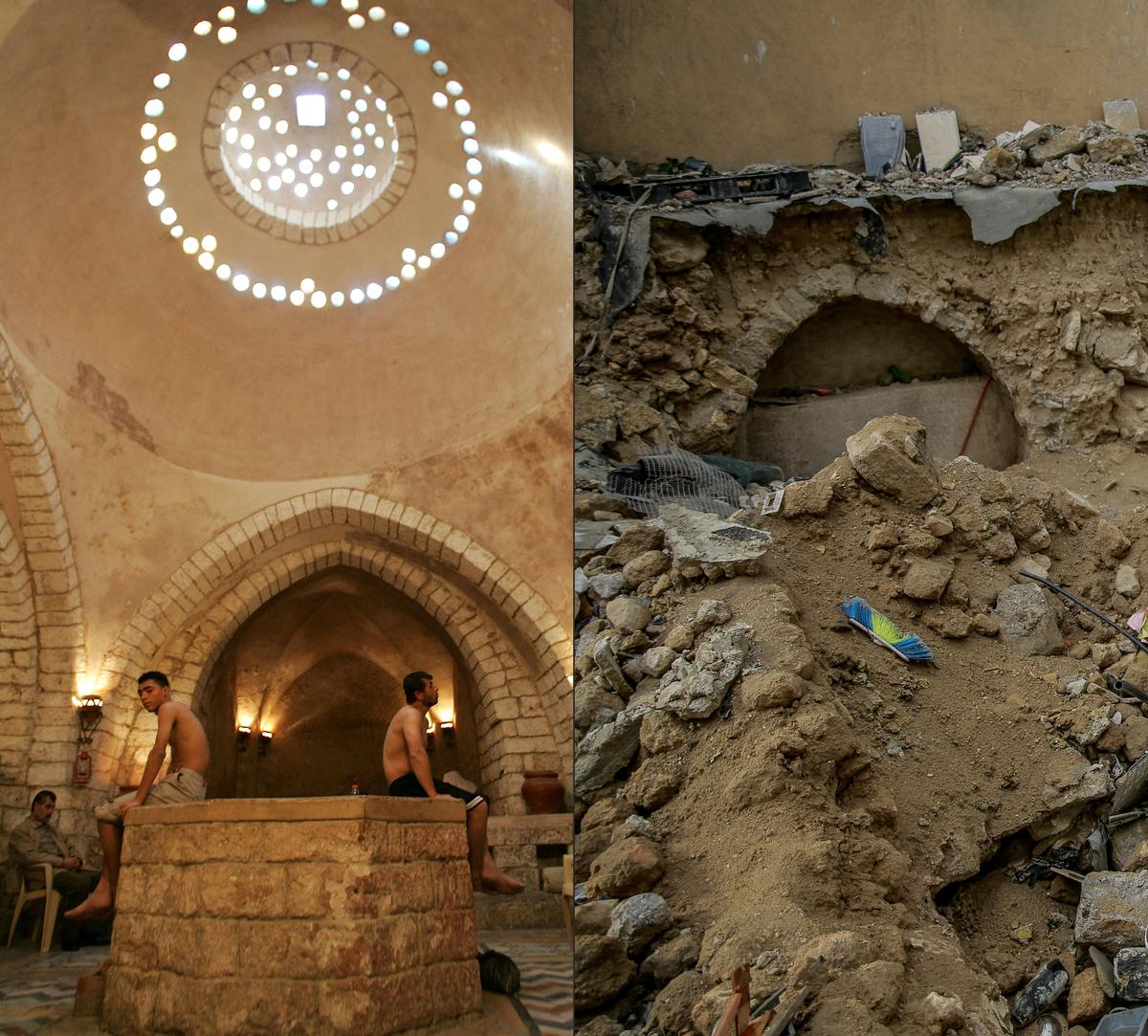 This combination of pictures shows one taken on January 5, 2024 of Gaza City’s historic Hammam Al-Samra, which used to be the only active traditional Turkish bath remaining in Gaza, located in the Zeitun quarter of the Old City before it was destroyed in Israeli bombardment. This combination of pictures shows one taken on January 5, 2024 of Gaza City’s historic Hammam Al-Samra, which used to be the only active traditional Turkish bath remaining in Gaza, located in the Zeitun quarter of the Old City before it was destroyed in Israeli bombardment.