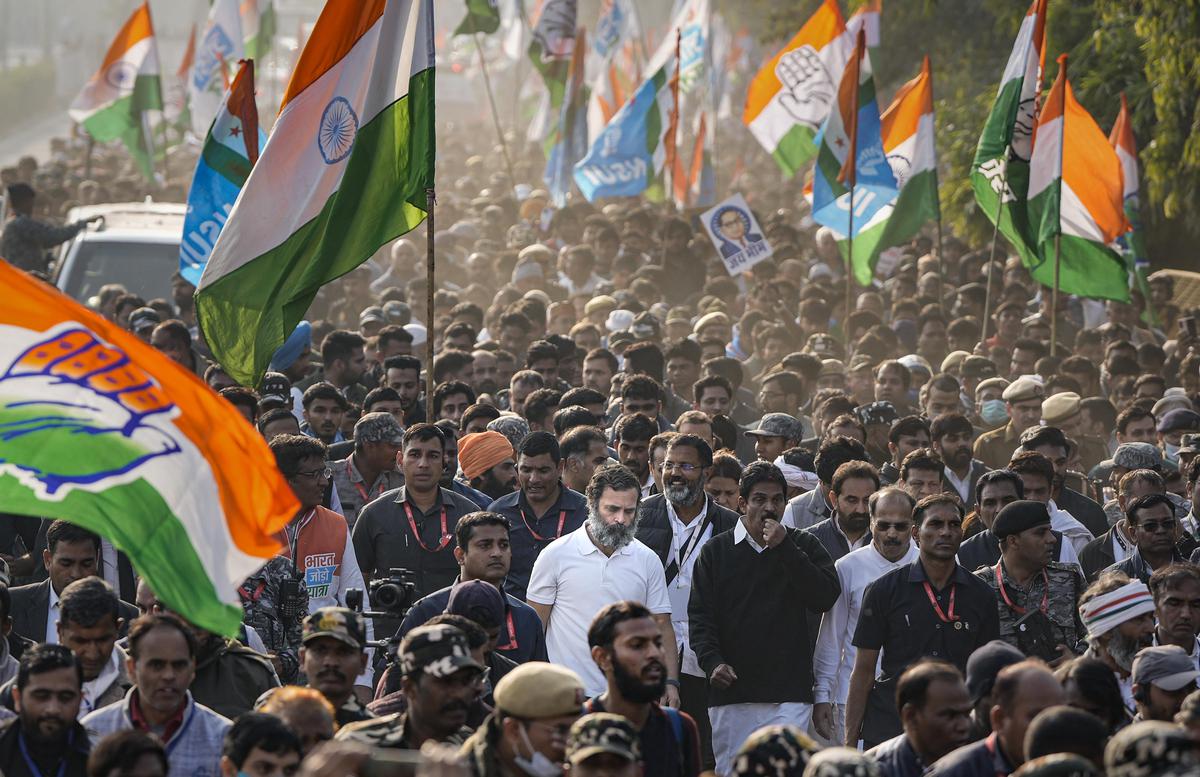 Congress leader Rahul Gandhi with party leaders during the Bharat Jodo Yatra in New Delhi on December 24, 2022. 