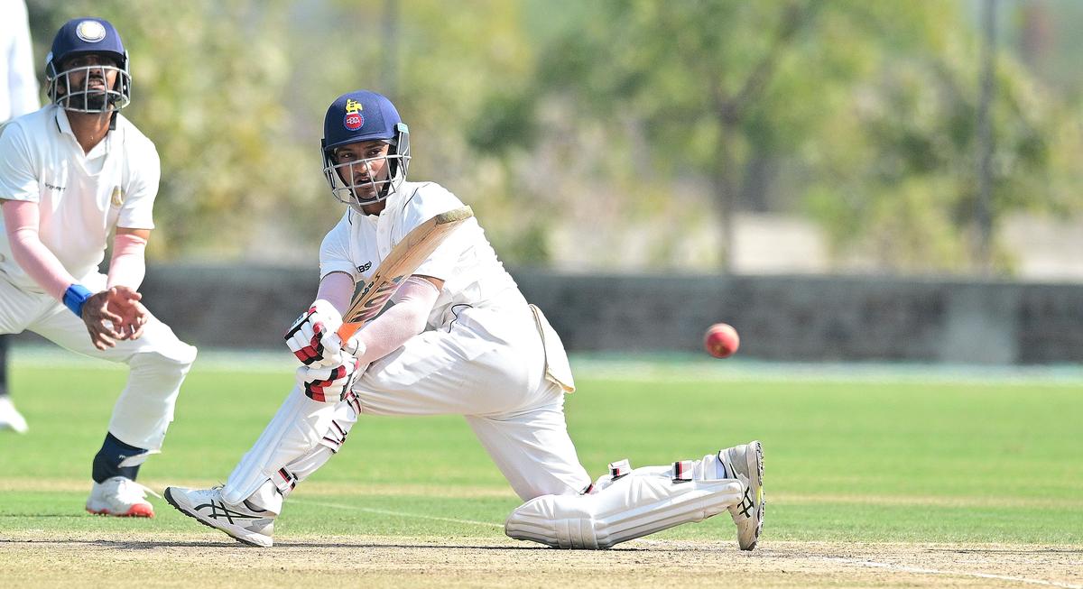 Delhi’s Ayush Badoni in action during the Ranji Trophy match against Saurashtra at the Niranjan Shah Stadium in Rajkot on Friday, January 24, 2025. 