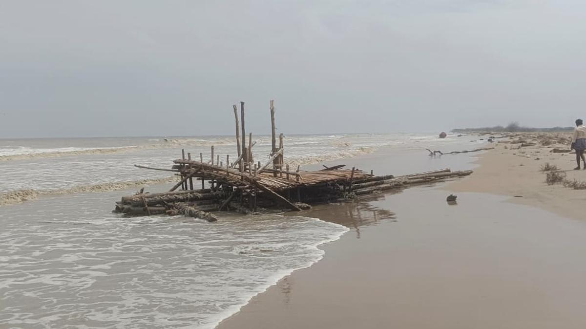 Myanmar bamboo raft and navigation buoy wash ashore in Vedaranyam