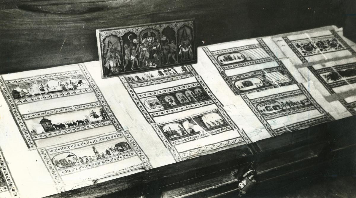 Rigveda bundles, with illustrations from each of the sections of the Veda. On display at the Saraswati Mahal Library in Tanjore.