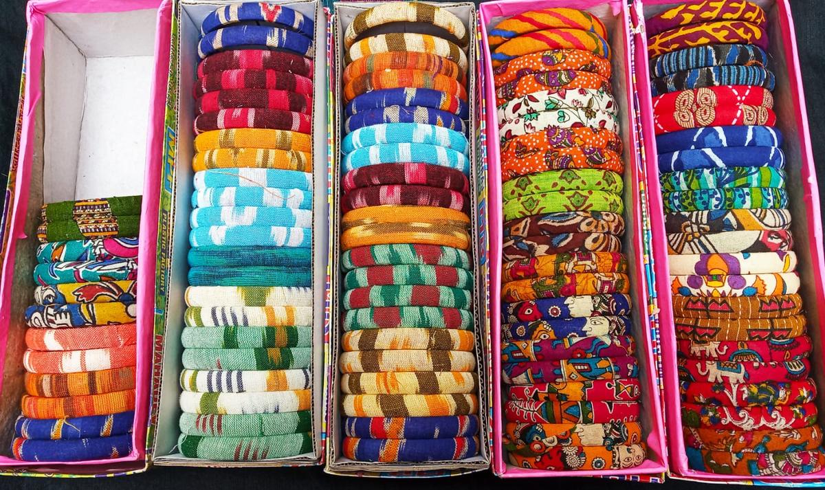 Bangles made with small-sized fabric wastes by Vijayalakshmi Bangles made with small-sized fabric wastes by Vijayalakshmi