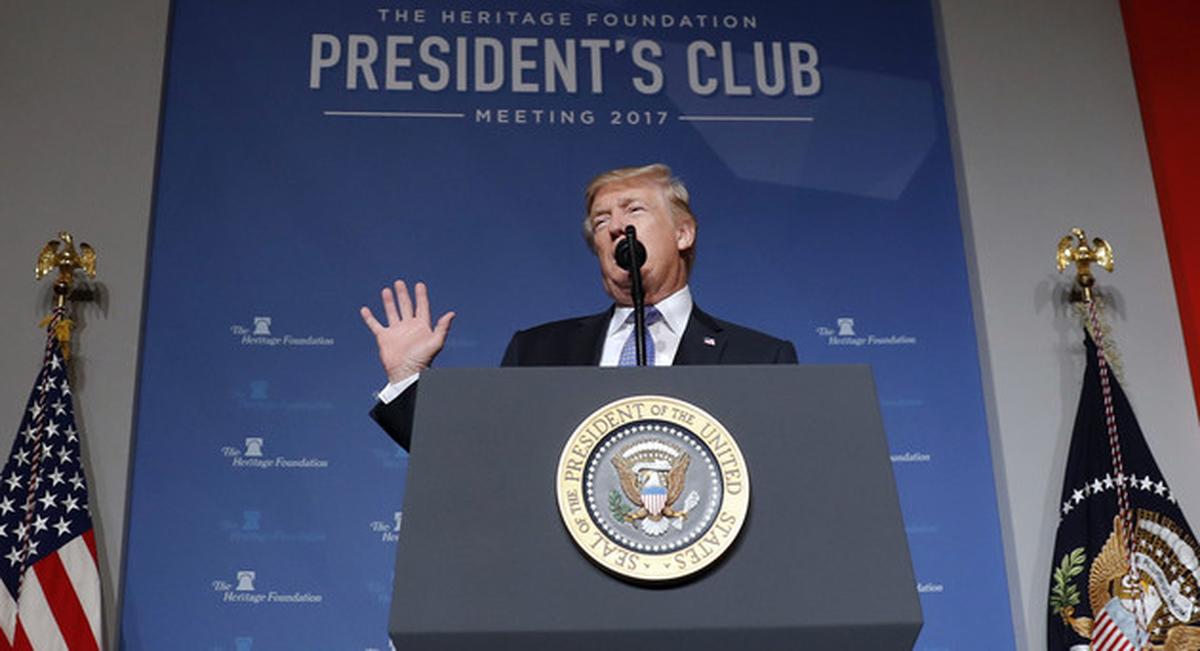 President Donald Trump speaks at the Heritage Foundation Presidents' Club annual meeting on October 17 in Washington, DC.